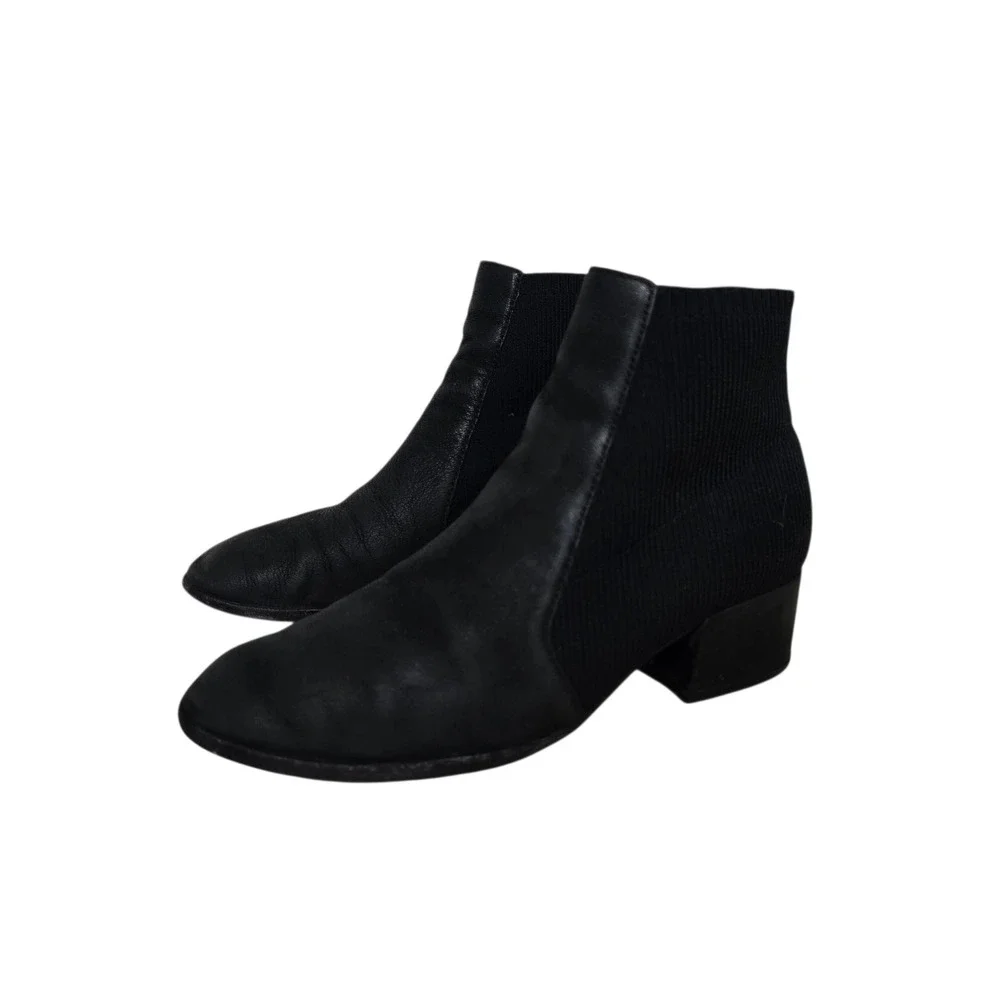 Eileen Fisher‎ Black Leather Knit Sock Ankle Boots Block Heel Made in Italy 8.5